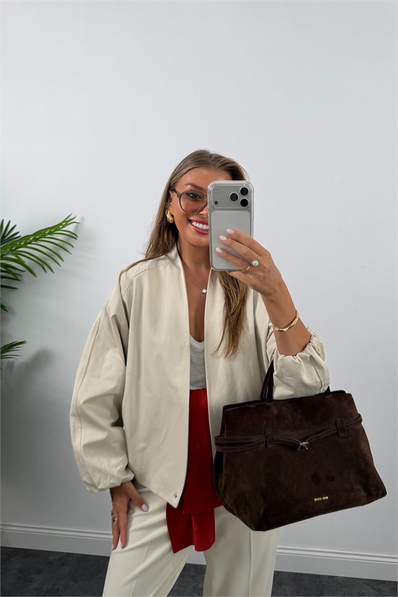 Premium Seri Özel Kumaş Kruvaze Bomber Ceket Taş