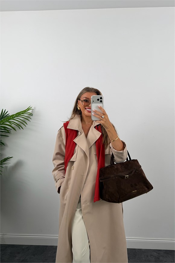 Premium Seri Özel Kumaş Maxi Klasik Trençkot Taş 