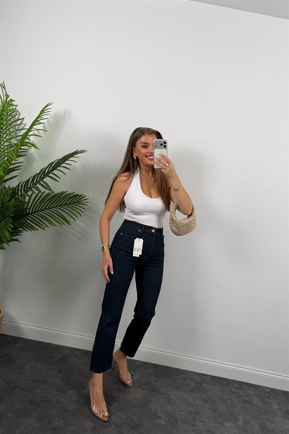 Premium Seri Paçası Dikişli Bf Jean Pantolon Dark Blue 1021