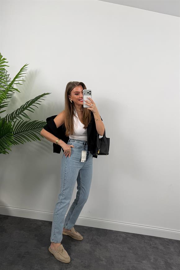 Premium Seri Paçası Dikişli Bf Jean Pantolon Light Blue 1006