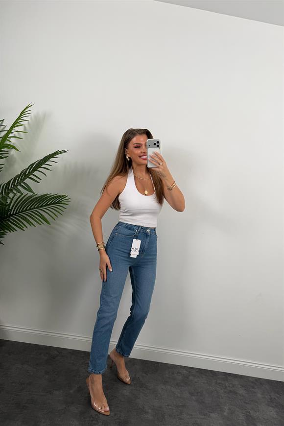 Premium Seri Paçası Dikişli Bf Jean Pantolon Klasik Mavi 1004