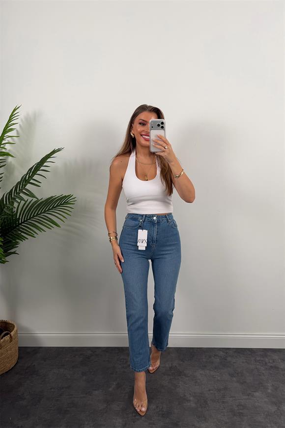 Premium Seri Paçası Dikişli Bf Jean Pantolon Klasik Mavi 1004