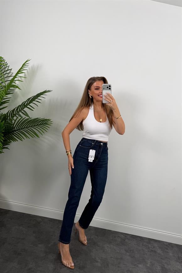 Premium Seri Paçası Dikişli Bf Jean Pantolon Dark Blue 1014