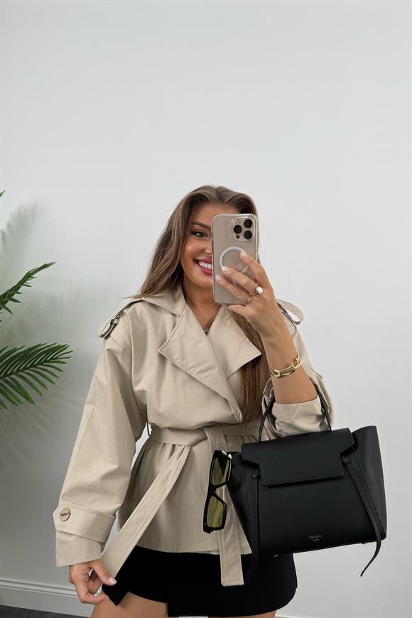 Premium Seri Apoletli Orjinal Kumaş Ortaboy Trençkot Taş