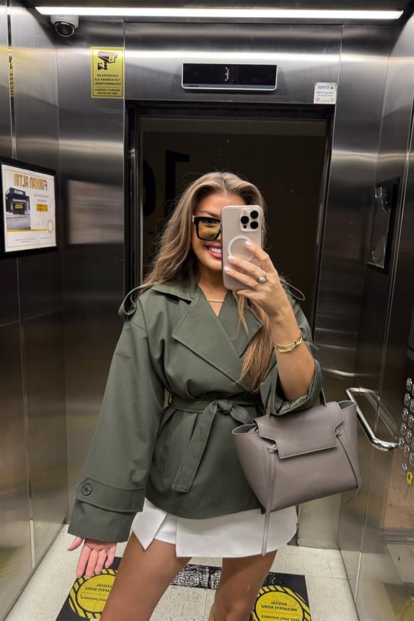 Premium Seri Apoletli Orjinal Kumaş Ortaboy Trençkot Haki