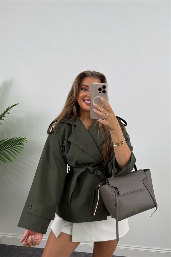 Premium Seri Apoletli Orjinal Kumaş Ortaboy Trençkot Haki