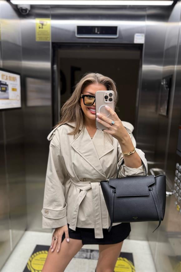 Premium Seri Apoletli Orjinal Kumaş Ortaboy Trençkot Taş