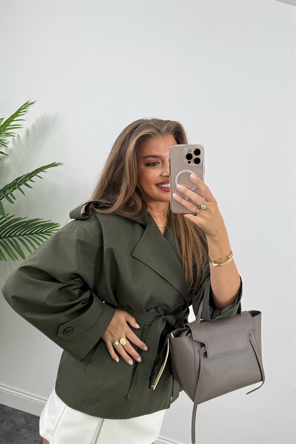 Premium Seri Apoletli Orjinal Kumaş Ortaboy Trençkot Haki