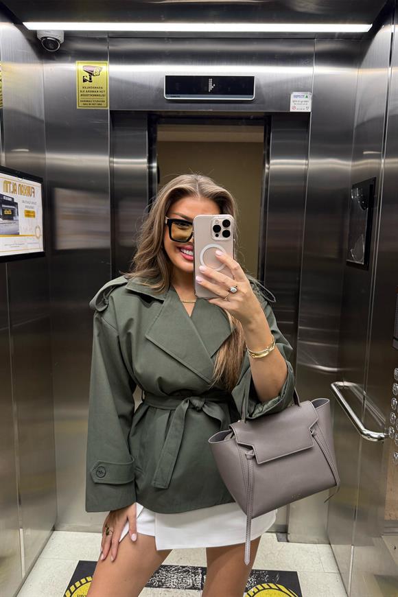 Premium Seri Apoletli Orjinal Kumaş Ortaboy Trençkot Haki