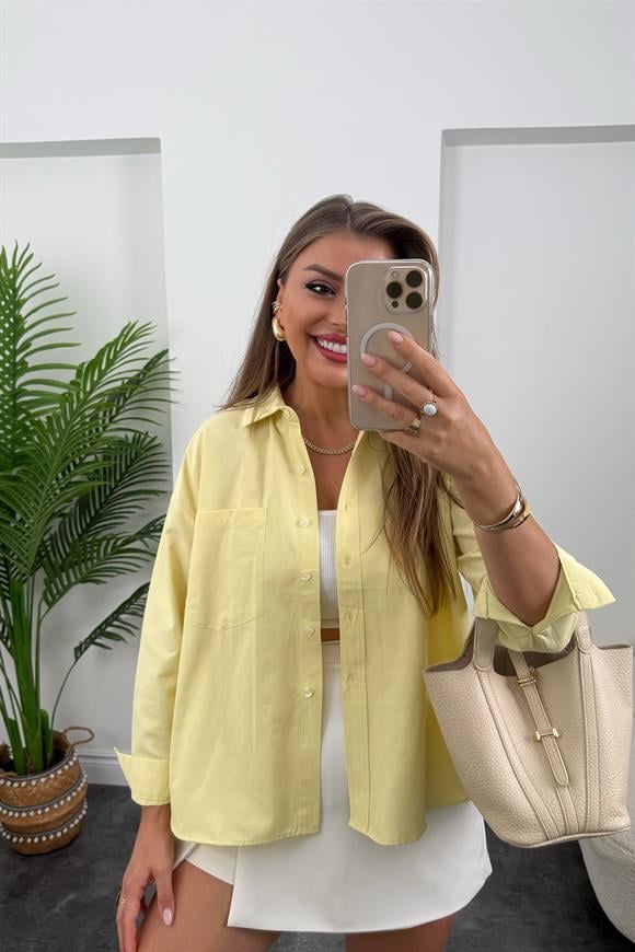 Premium Seri Pamuk Poplin Basic Gömlek Sarı