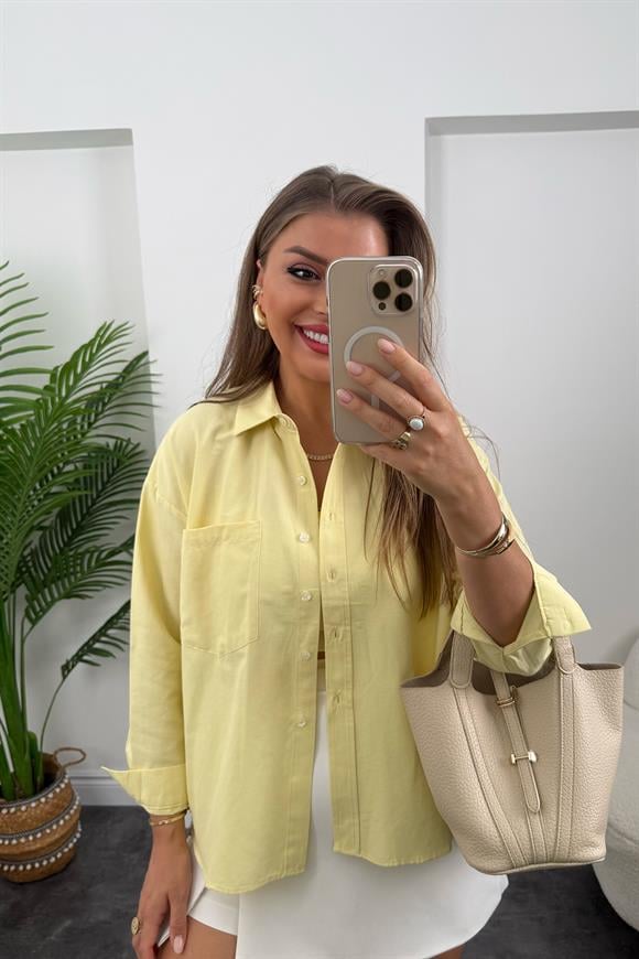 Premium Seri Pamuk Poplin Basic Gömlek Sarı