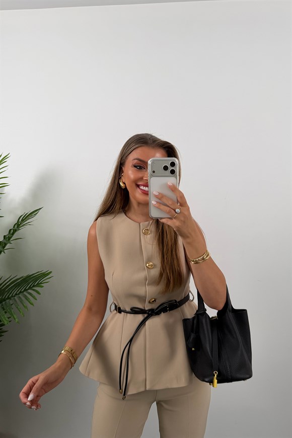 Premium Seri Pantolonu ve Yeleği Kemerli Takım Taş