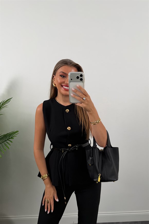 Premium Seri Pantolonu ve Yeleği Kemerli Takım Siyah