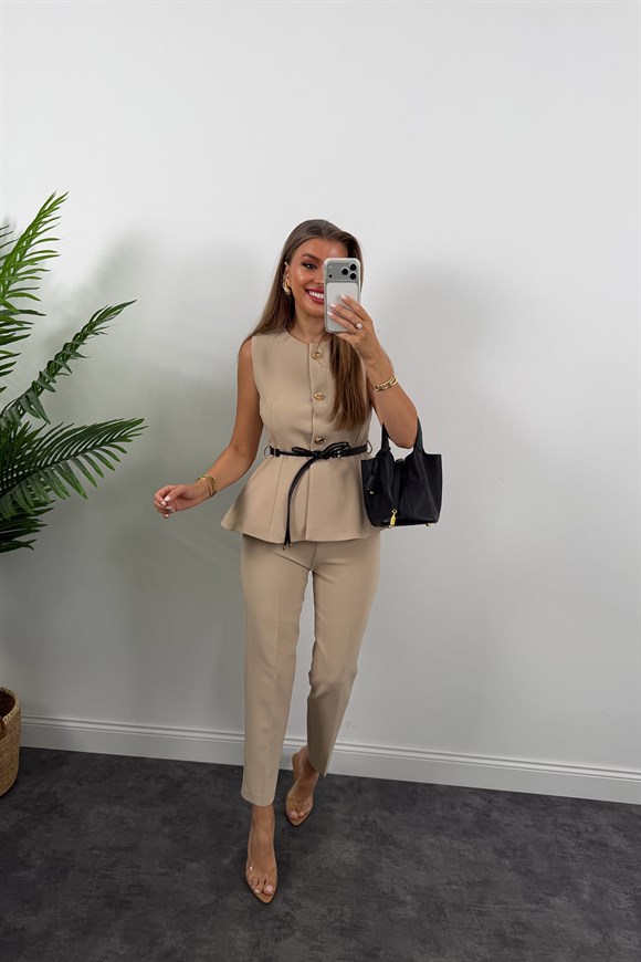 Premium Seri Pantolonu ve Yeleği Kemerli Takım Taş