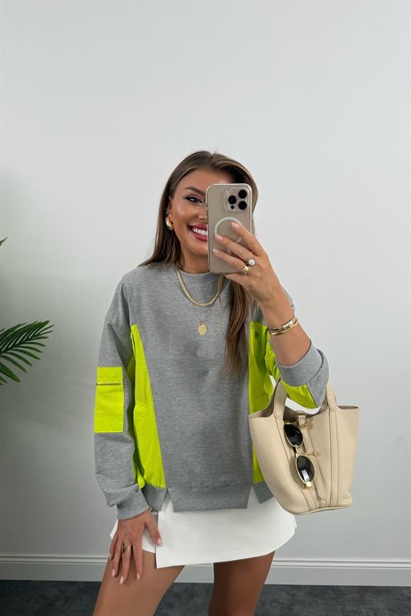 Premium Seri Paraşüt Garnili Tasarım Sweat Neon Yeşil
