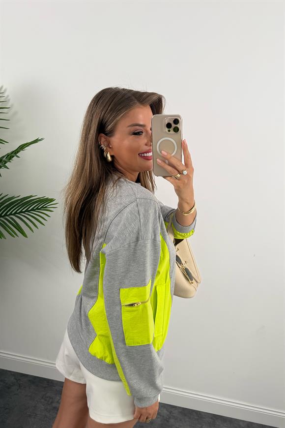 Premium Seri Paraşüt Garnili Tasarım Sweat Neon Yeşil