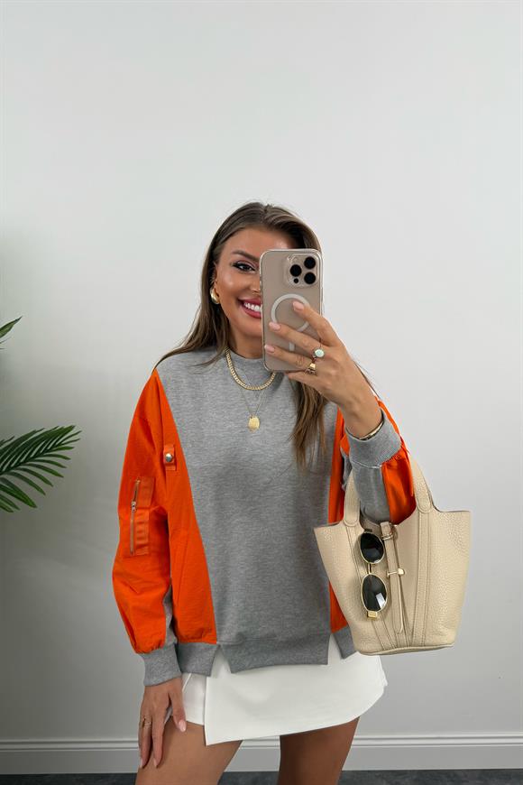 Premium Seri Paraşüt Garnili Tasarım Sweat Neon Turuncu