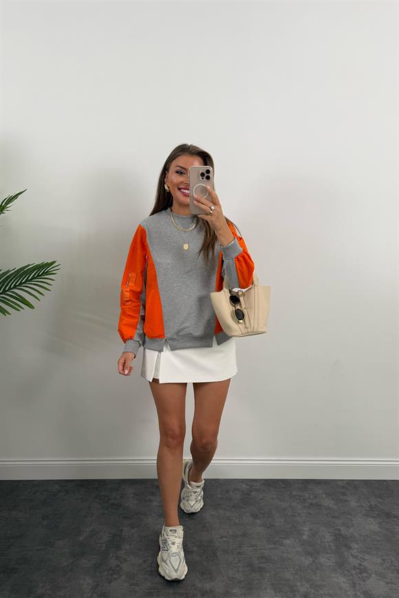 Premium Seri Paraşüt Garnili Tasarım Sweat Neon Turuncu