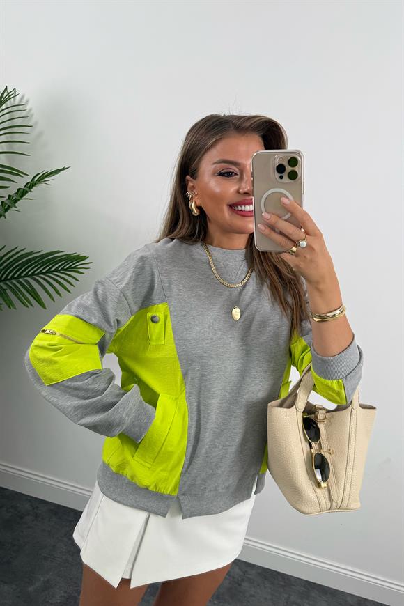 Premium Seri Paraşüt Garnili Tasarım Sweat Neon Yeşil