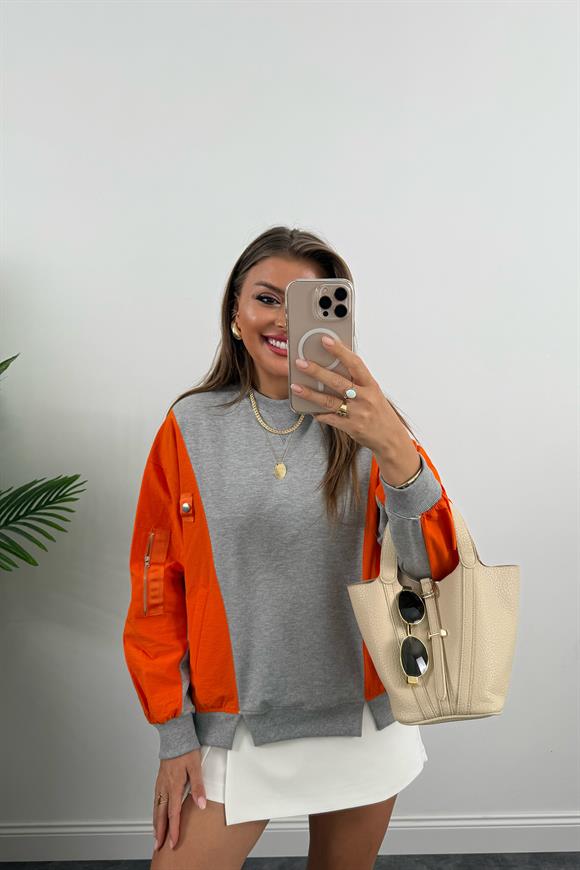 Premium Seri Paraşüt Garnili Tasarım Sweat Neon Turuncu
