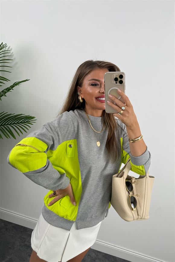 Premium Seri Paraşüt Garnili Tasarım Sweat Neon Yeşil