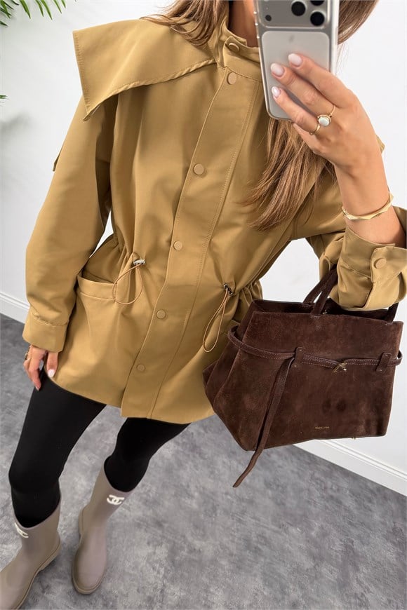 Premium Seri Parka Model Beli Büzgülü Trençkot Camel