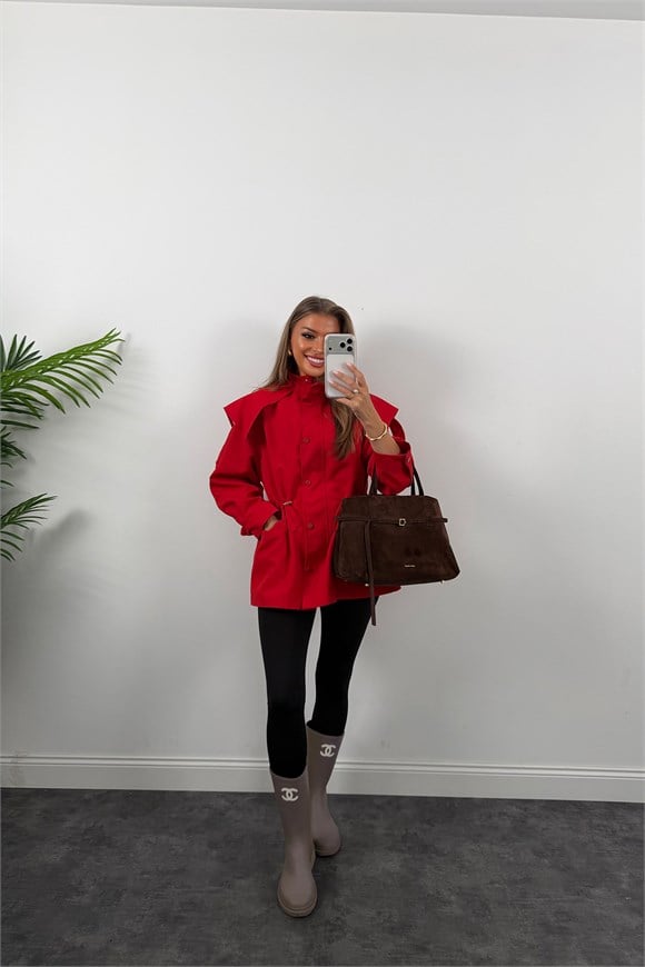 Premium Seri Parka Model Beli Büzgülü Trençkot Kırmızı