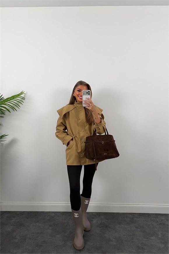 Premium Seri Parka Model Beli Büzgülü Trençkot Camel
