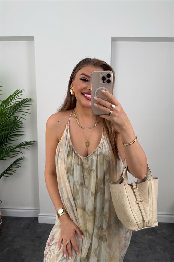 Premium Seri Patchwork Tasarım Maxi Elbise Soft Ton