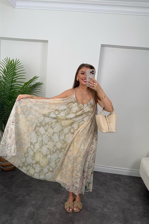 Premium Seri Patchwork Tasarım Maxi Elbise Soft Ton