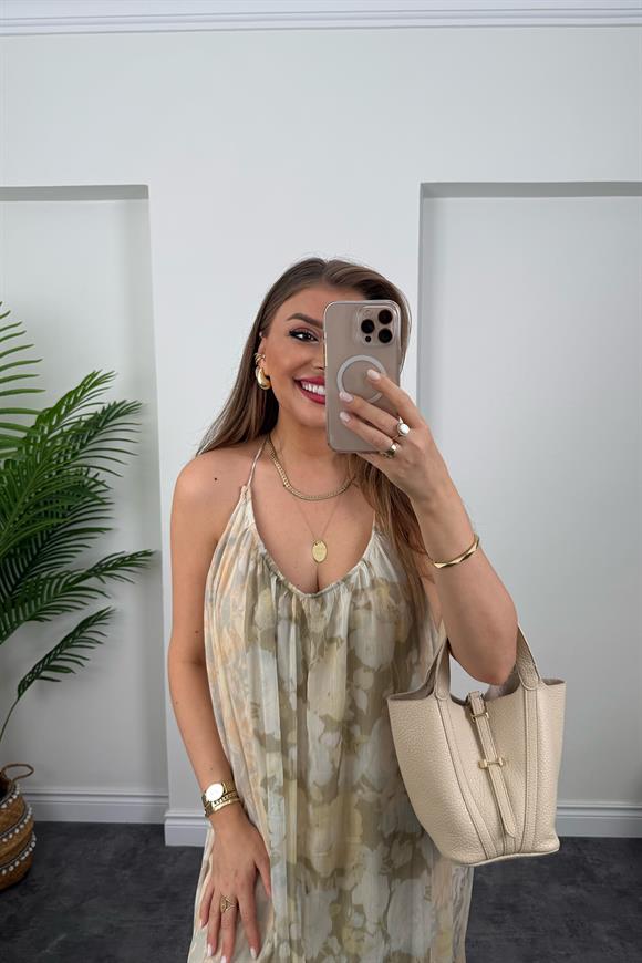 Premium Seri Patchwork Tasarım Maxi Elbise Soft Ton