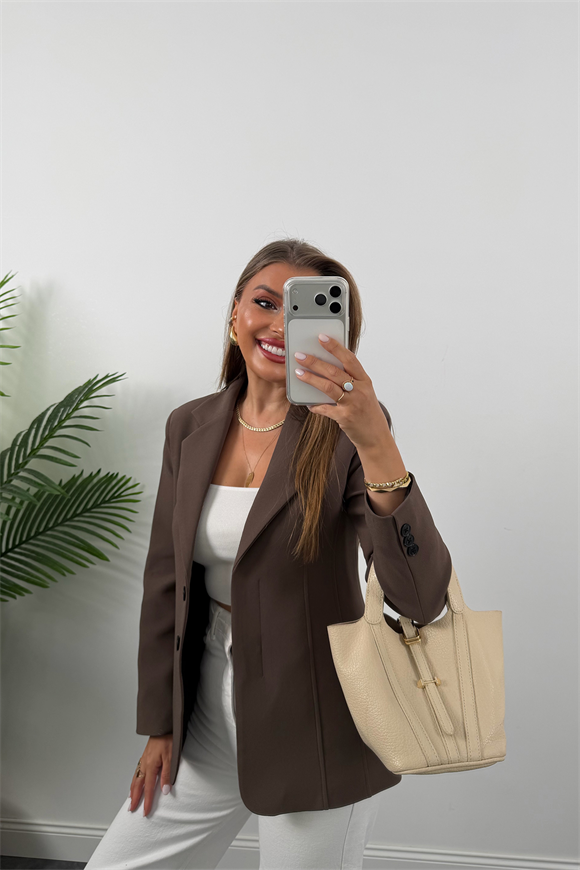 Premium Seri Pensli Kemerli Oturtma Blazer Ceket Koyu Kahve