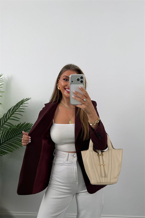 Premium Seri Pensli Kemerli Oturtma Blazer Ceket Mürdüm