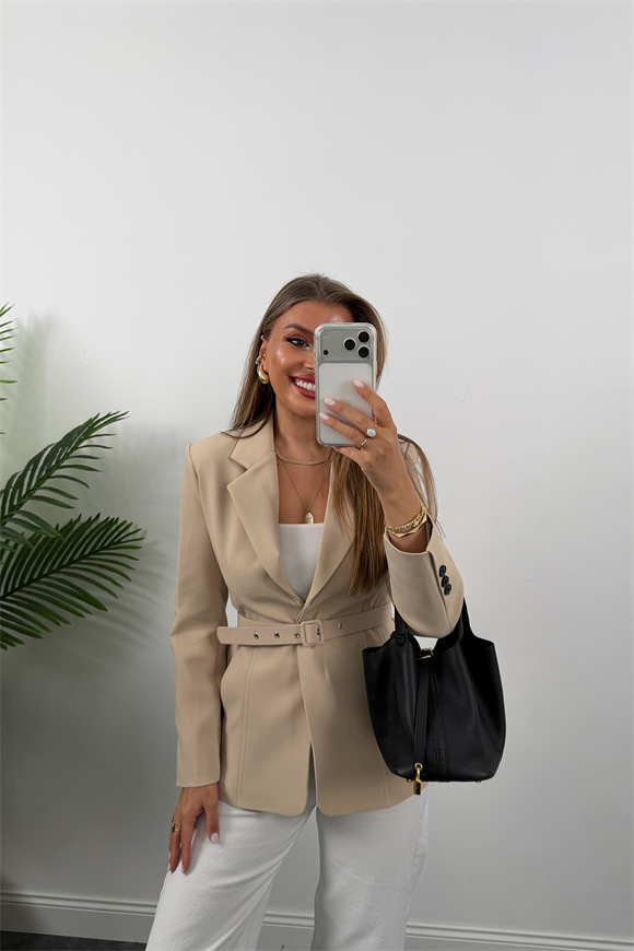 Premium Seri Pensli Kemerli Oturtma Blazer Ceket Taş