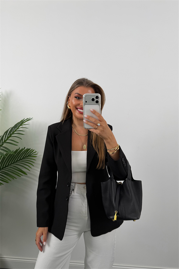 Premium Seri Pensli Kemerli Oturtma Blazer Ceket Siyah