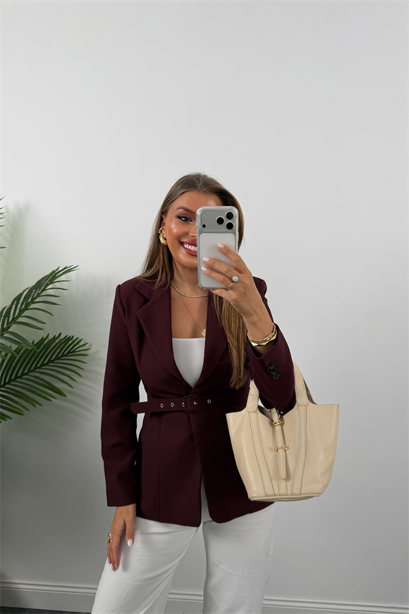 Premium Seri Pensli Kemerli Oturtma Blazer Ceket Mürdüm