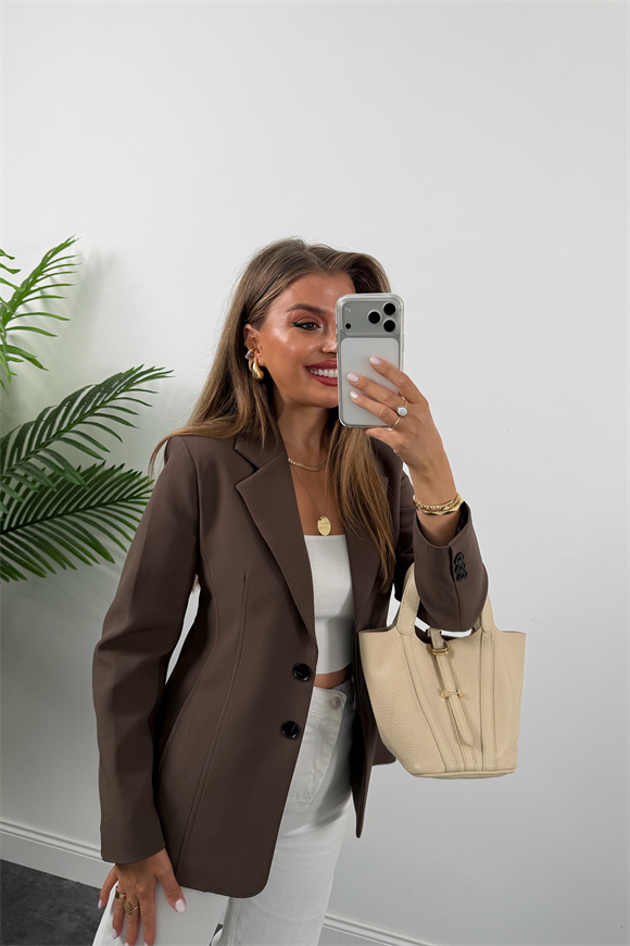 Premium Seri Pensli Kemerli Oturtma Blazer Ceket Koyu Kahve