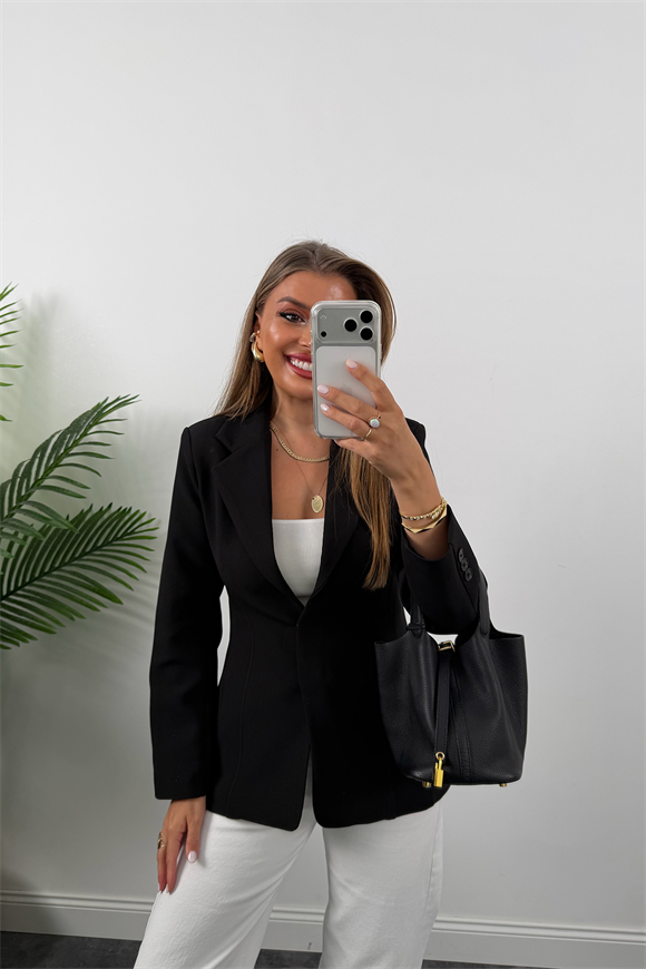 Premium Seri Pensli Kemerli Oturtma Blazer Ceket Siyah