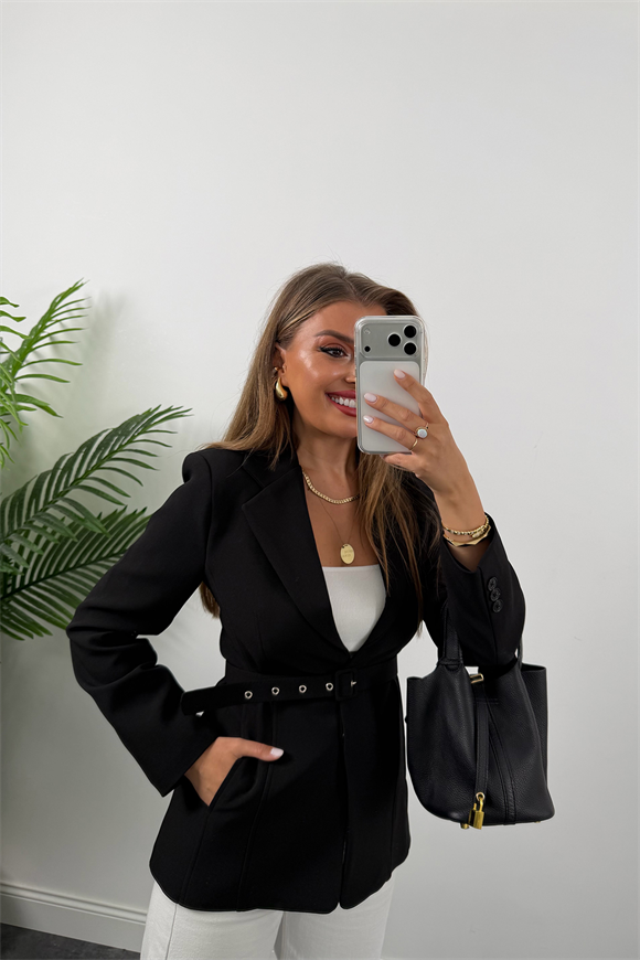 Premium Seri Pensli Kemerli Oturtma Blazer Ceket Siyah