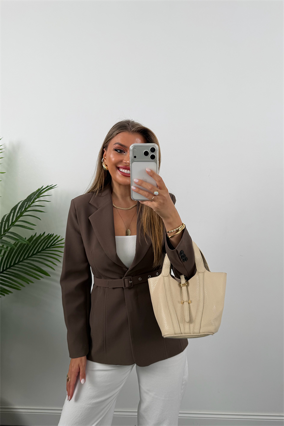 Premium Seri Pensli Kemerli Oturtma Blazer Ceket Koyu Kahve