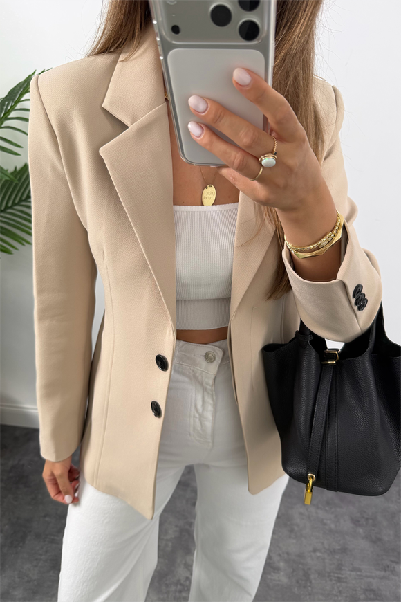 Premium Seri Pensli Kemerli Oturtma Blazer Ceket Taş