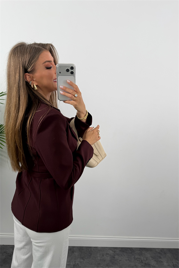 Premium Seri Pensli Kemerli Oturtma Blazer Ceket Mürdüm