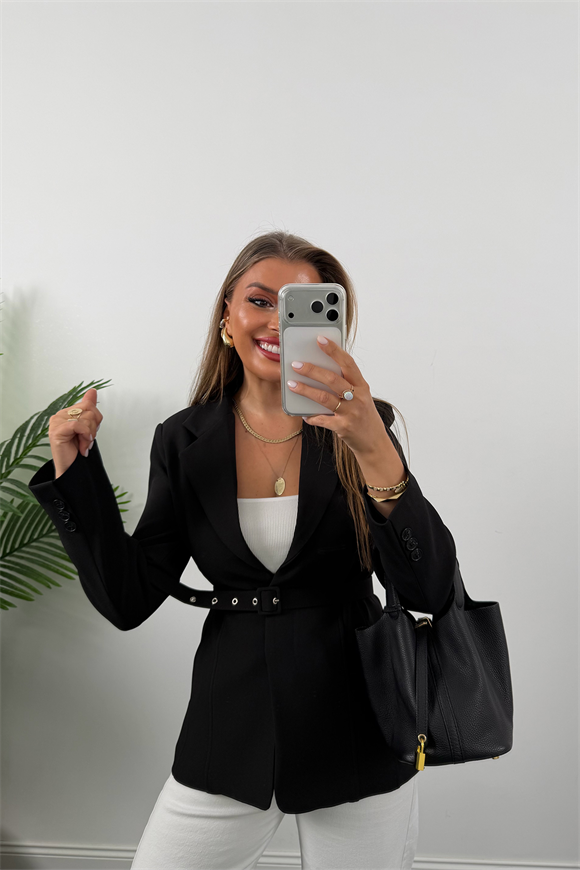 Premium Seri Pensli Kemerli Oturtma Blazer Ceket Siyah
