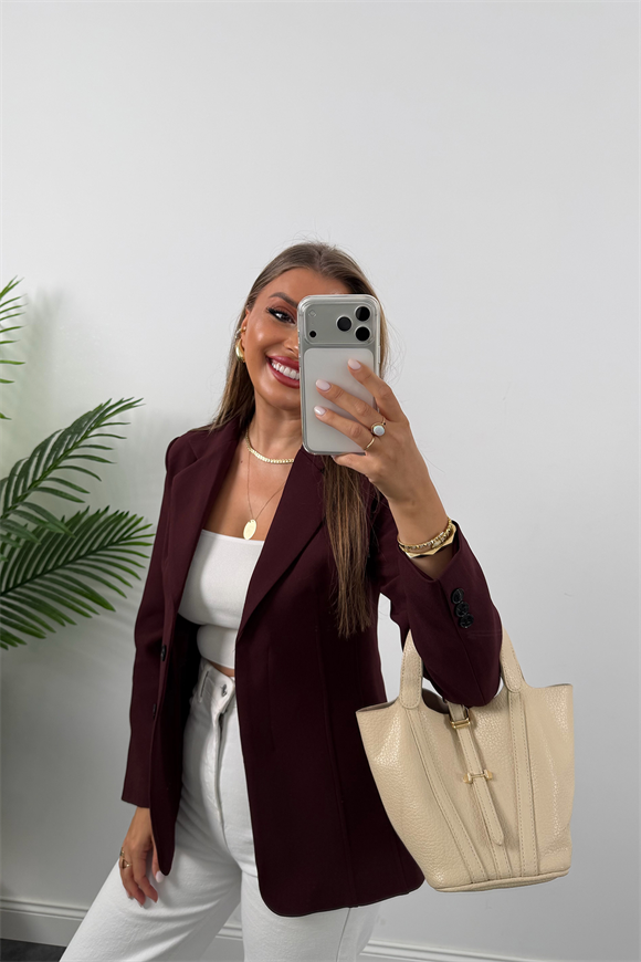 Premium Seri Pensli Kemerli Oturtma Blazer Ceket Mürdüm