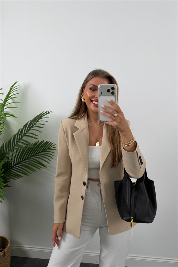 Premium Seri Pensli Kemerli Oturtma Blazer Ceket Taş