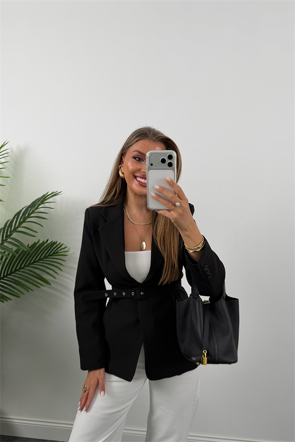Premium Seri Pensli Kemerli Oturtma Blazer Ceket Siyah