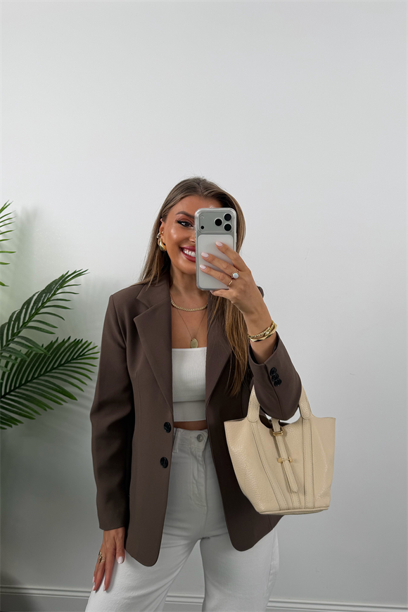 Premium Seri Pensli Kemerli Oturtma Blazer Ceket Koyu Kahve