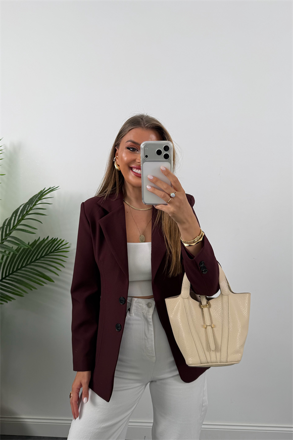 Premium Seri Pensli Kemerli Oturtma Blazer Ceket Mürdüm