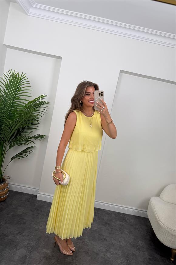 Premium Seri Pileli Maxi Şifon Elbise Butter Yellow - Sarı