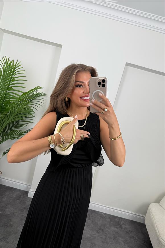 Premium Seri Pileli Maxi Şifon Elbise Siyah